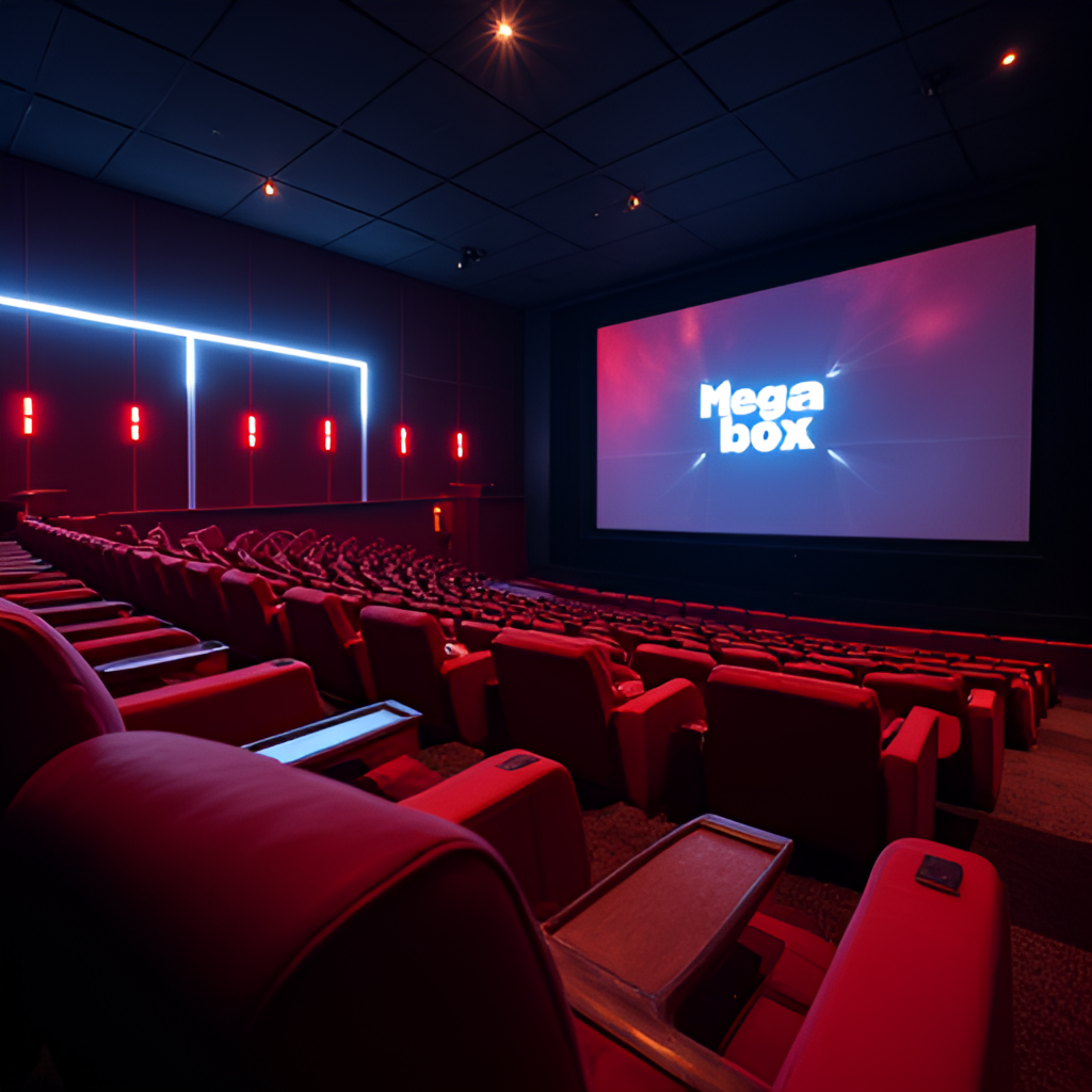 Interior view of a luxurious Megabox 'The Boutique' theater before the movie starts, showing plush reclining seats with small tables, ambient low lighting, and a large screen displaying the Megabox logo. Focus on the comfortable seating.
