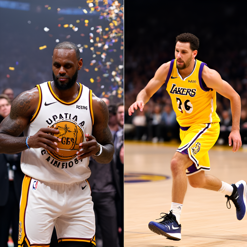 Split image: Left side shows LeBron James and Anthony Davis celebrating the 2020 NBA championship with confetti falling. Right side shows Luka Doncic in a Lakers uniform driving past a defender during a recent game. Both images in Crypto.com Arena setting.