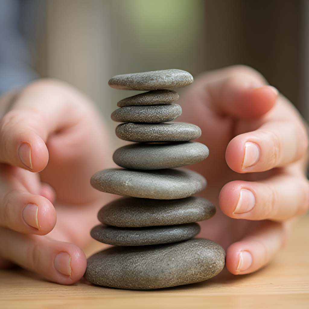 Close-up shot of hands carefully stacking smooth, balanced stones one by one on a natural wood surface, symbolizing building something lasting through patient, consistent effort. Warm, soft, natural lighting.