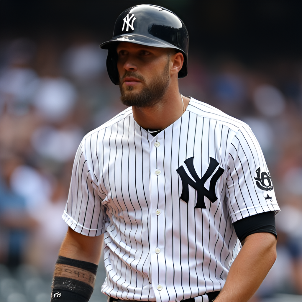Portrait style photo of Aaron Judge wearing his New York Yankees captain uniform, looking determined and focused, possibly leaning on his bat.