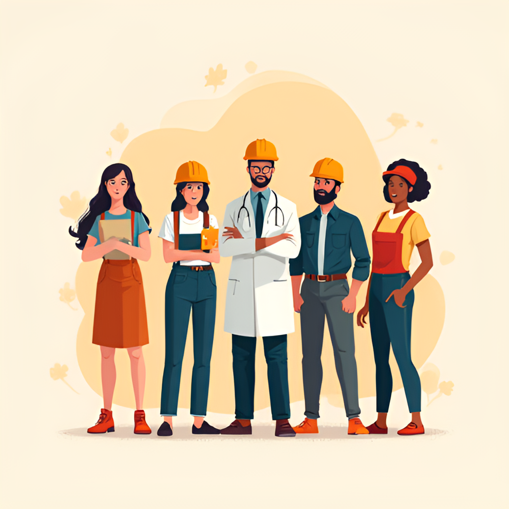 A bright, modern illustration showing a diverse group of contemporary workers (office worker, doctor, construction worker, delivery person, artist) standing together proudly, symbolizing solidarity and the value of labor on Labour Day.