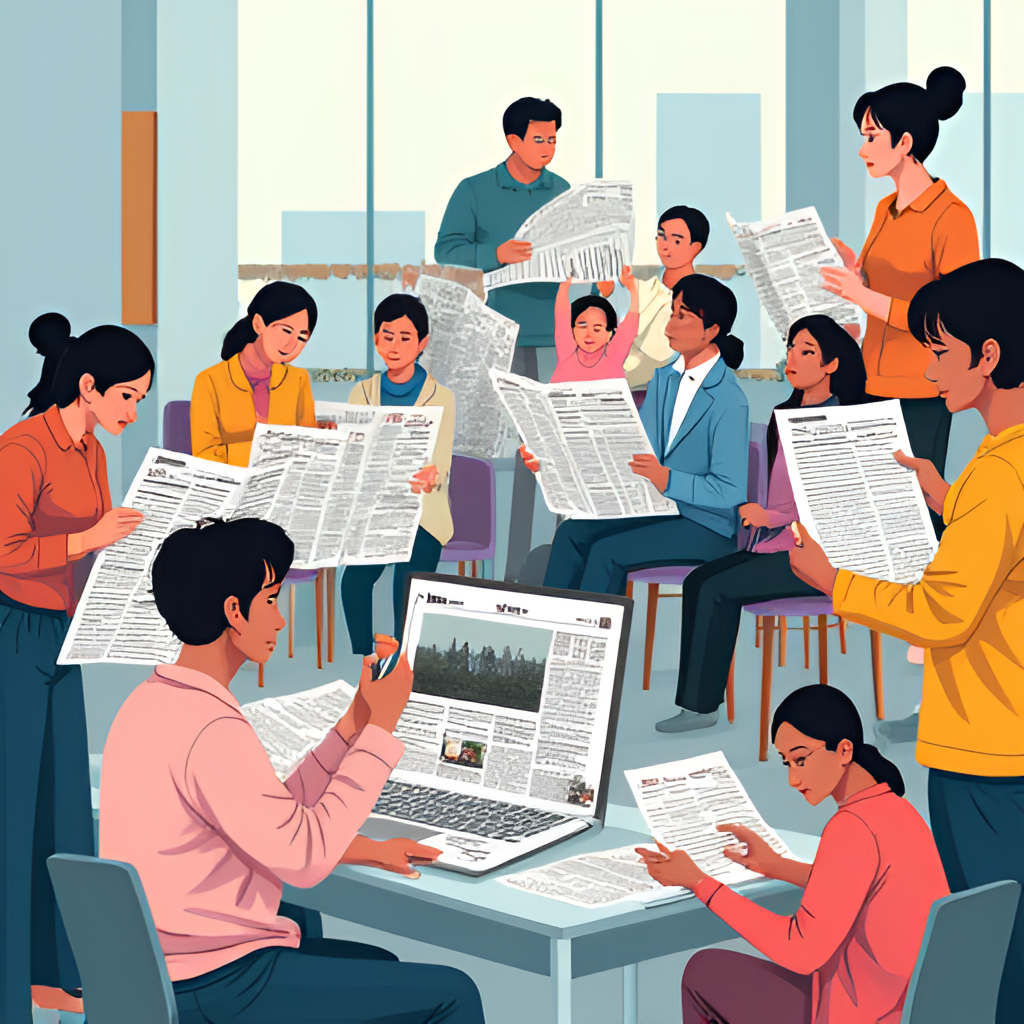A modern, vibrant image showing a diverse group of people engaging with The Hankyoreh news, some reading the physical newspaper and others viewing it on tablets and smartphones, representing its adaptation to the digital age and connection with contemporary readers.