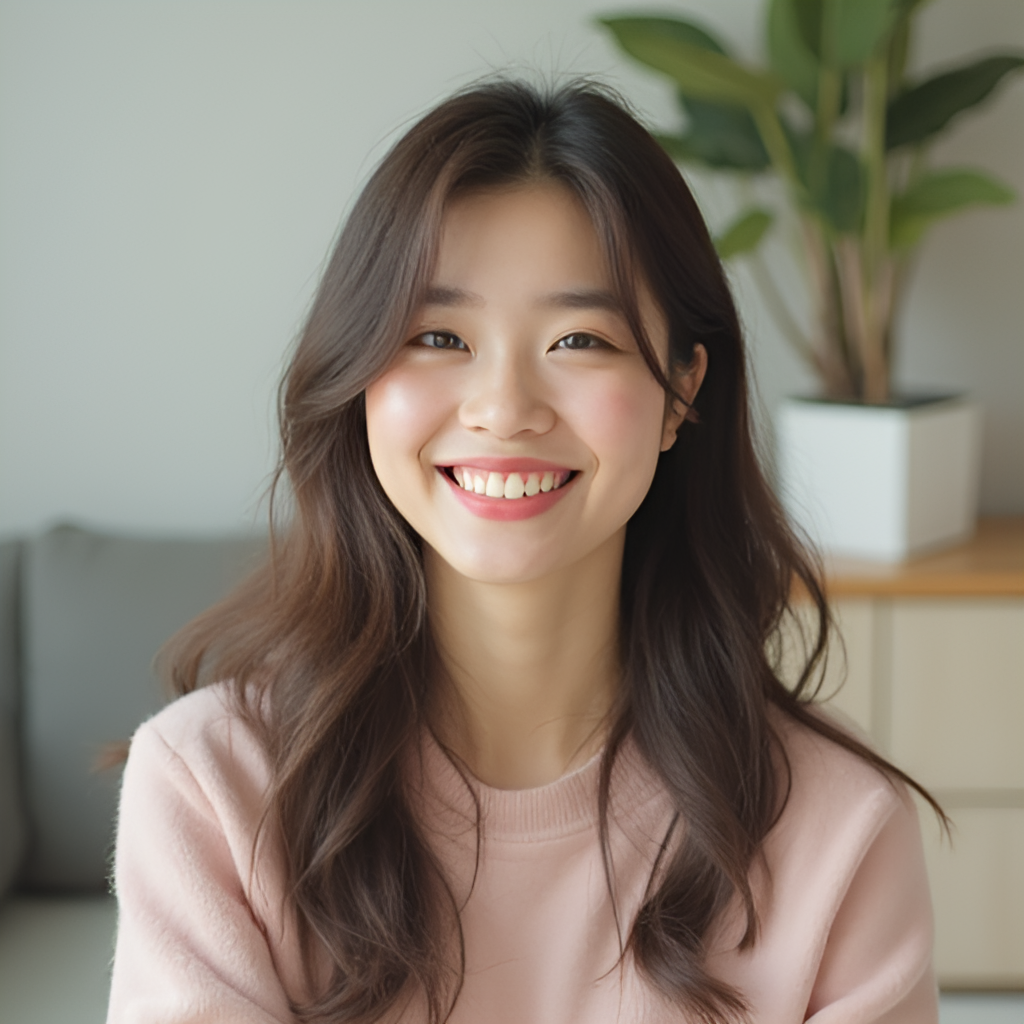 Kang Hye-won smiling warmly in a casual setting, perhaps filming for her YouTube channel or a behind-the-scenes shot from a drama, natural look, bright atmosphere.