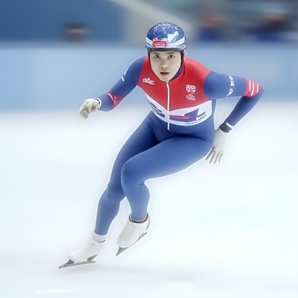 A dynamic action shot of speed skater Kim Min-seok during a race at the Olympics, wearing a Korean national team suit, focused and pushing off the ice.