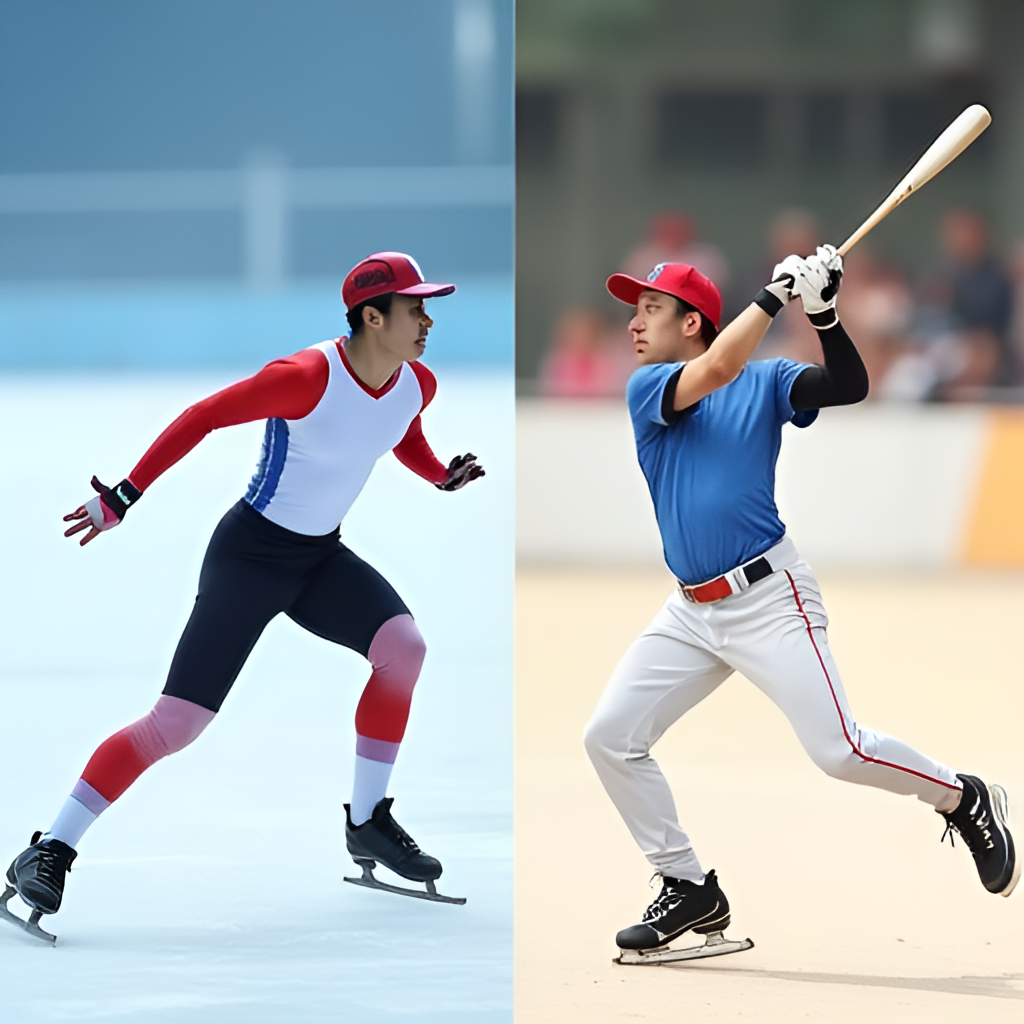 A split image showing two sides: one side depicts speed skater Kim Min-seok on the ice, and the other side shows baseball player Kim Min-seok in a baseball uniform swinging a bat, highlighting the동명이인 aspect.