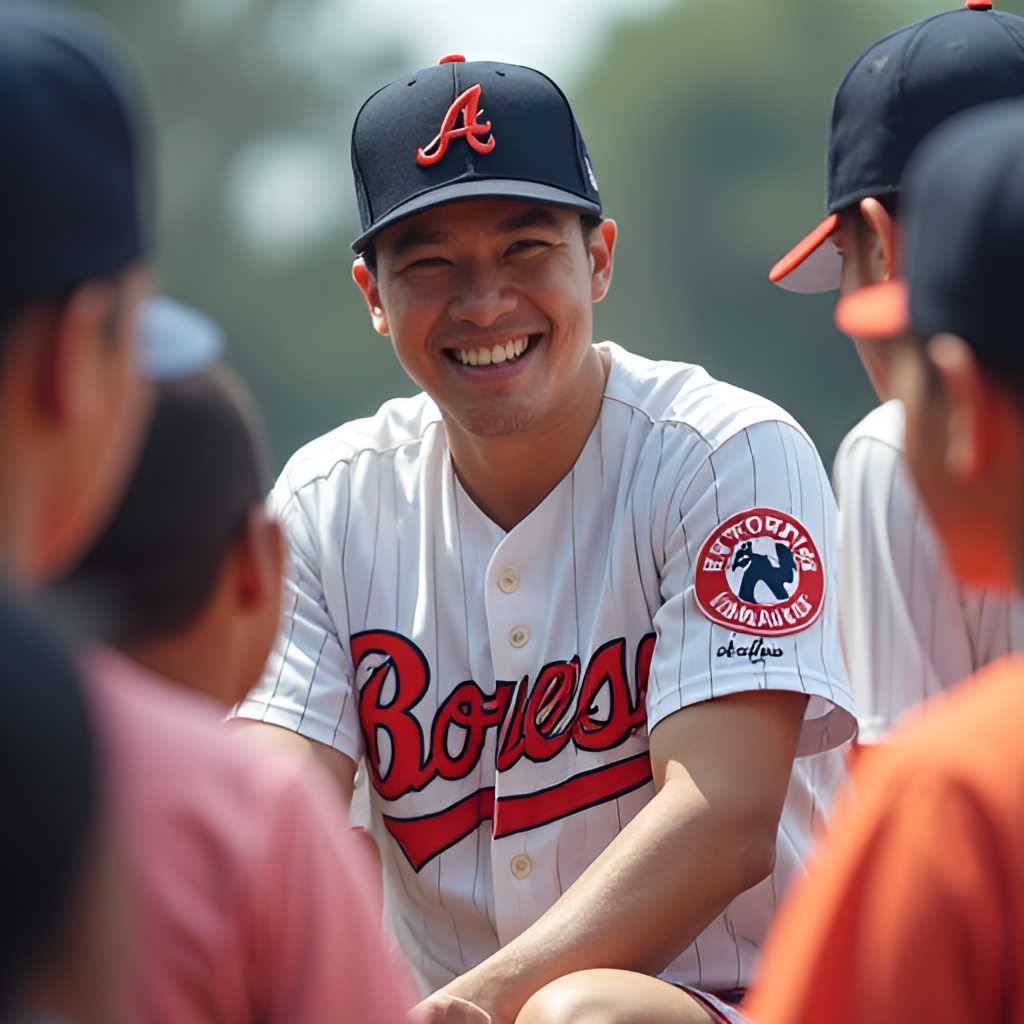 A portrait of Lee Jung-hoo smiling and interacting with young baseball fans, showing his approachable and positive personality off the field.