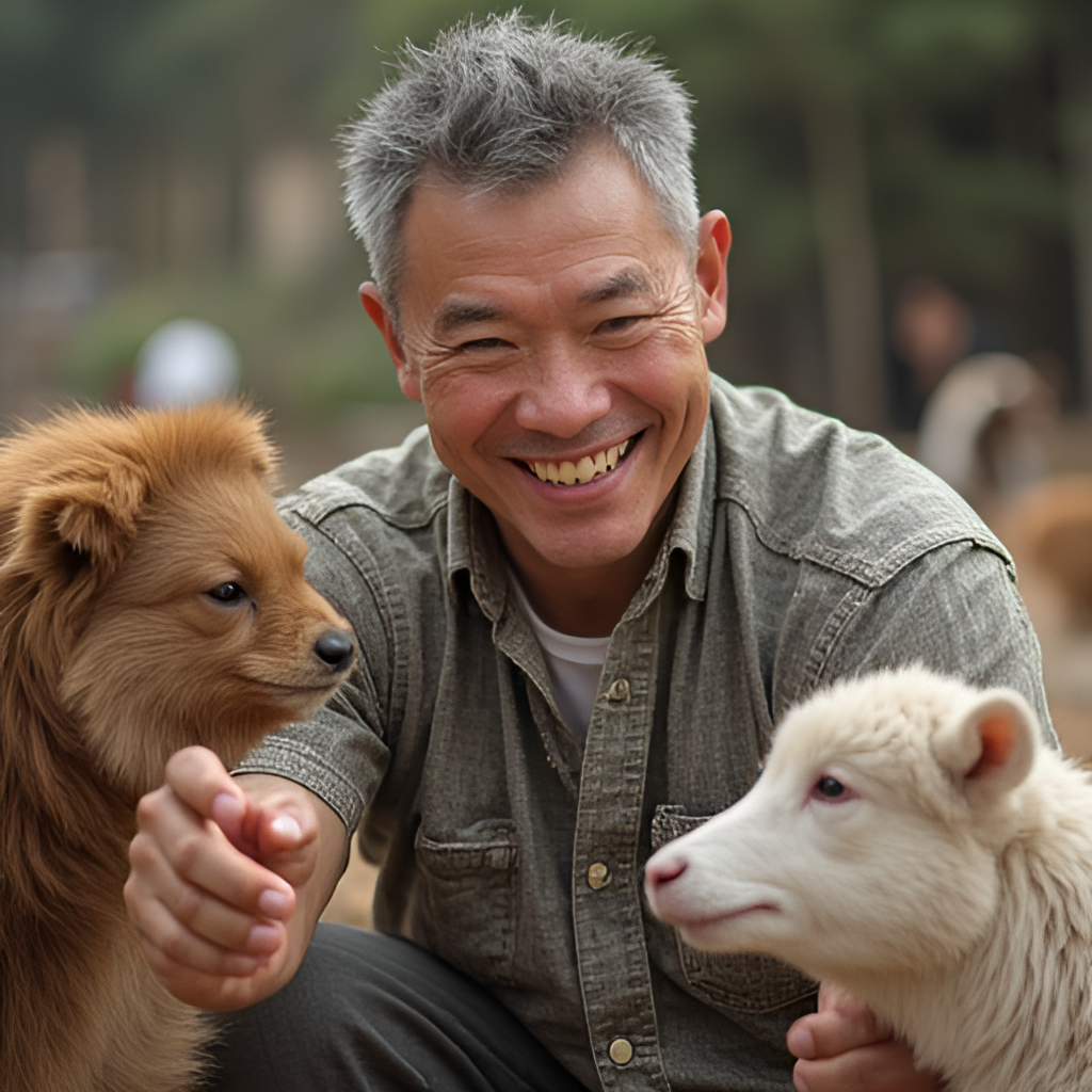 A candid photo of Tony An smiling warmly while interacting with animals on the set of 'TV Animal Farm', conveying his kind and approachable image as a television personality.