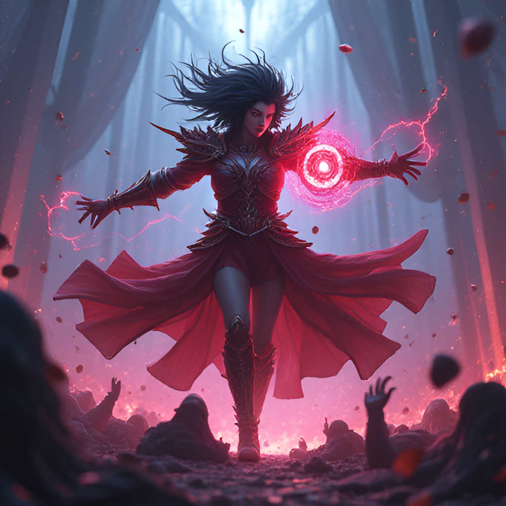 Dynamic action shot, photorealistic style, depicting Faker playing League of Legends as Ahri, in the moment of his second pentakill in 2025 LCK Spring. Show him surrounded by fallen enemy champions near the Baron pit, with his Orb of Deception glowing.