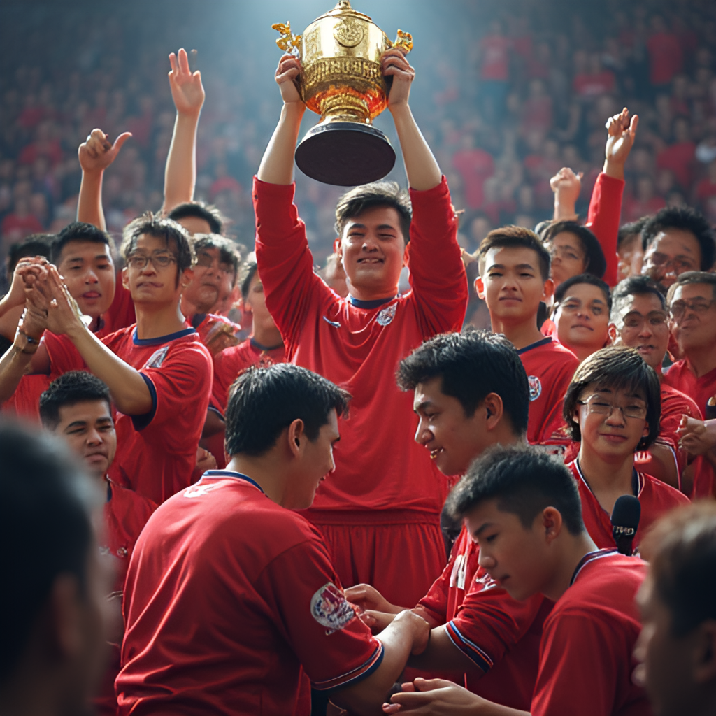 A photo collage or montage depicting Faker's career highlights, showing him lifting the Summoner's Cup, shaking hands with opponents, and speaking to fans, capturing his journey and impact, realistic photo style