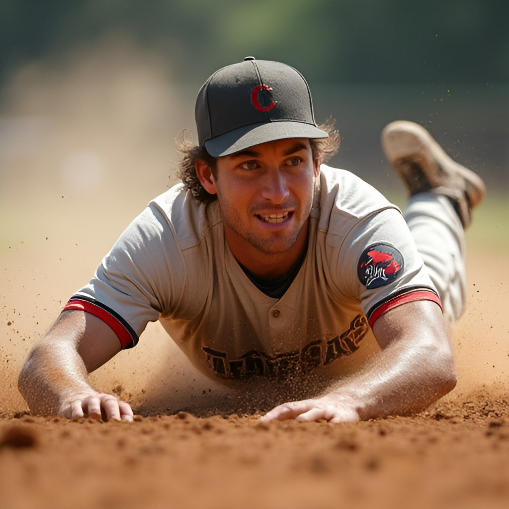 A close-up, action shot of a baseball player sliding safely into a base, covered in dirt, with a determined expression, emphasizing the effort and intensity of the game.