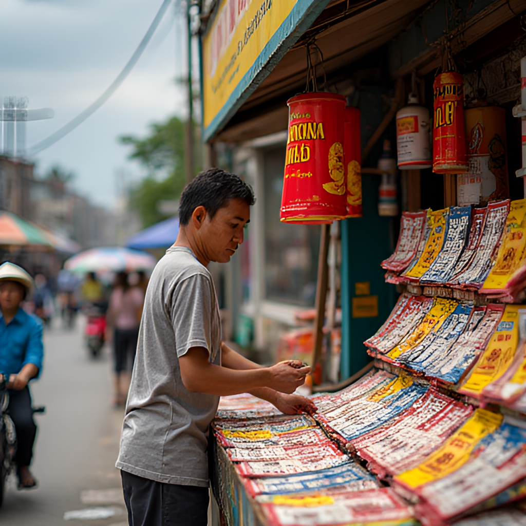 A vibrant street scene in Vietnam, featuring a lottery vendor with colorful lottery tickets displayed, conveying the accessibility of XSMN.