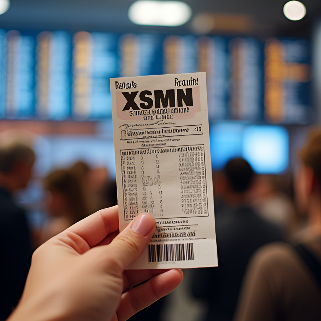 A close-up shot of a hand holding a XSMN lottery ticket, with blurred background of people gathering around a results board or screen, illustrating the moment of checking winning numbers.