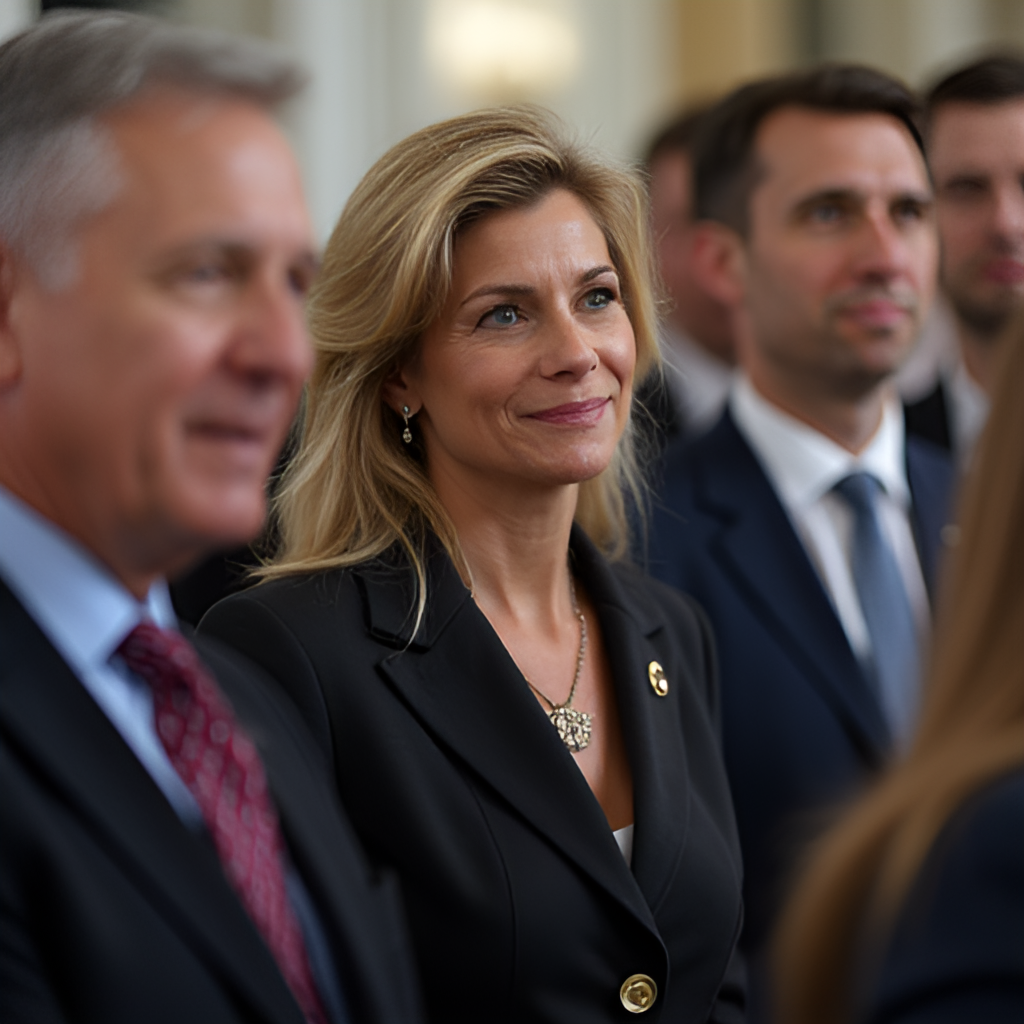 A candid photo of a woman accompanying a political figure at a public event, showing a supportive yet reserved demeanor.