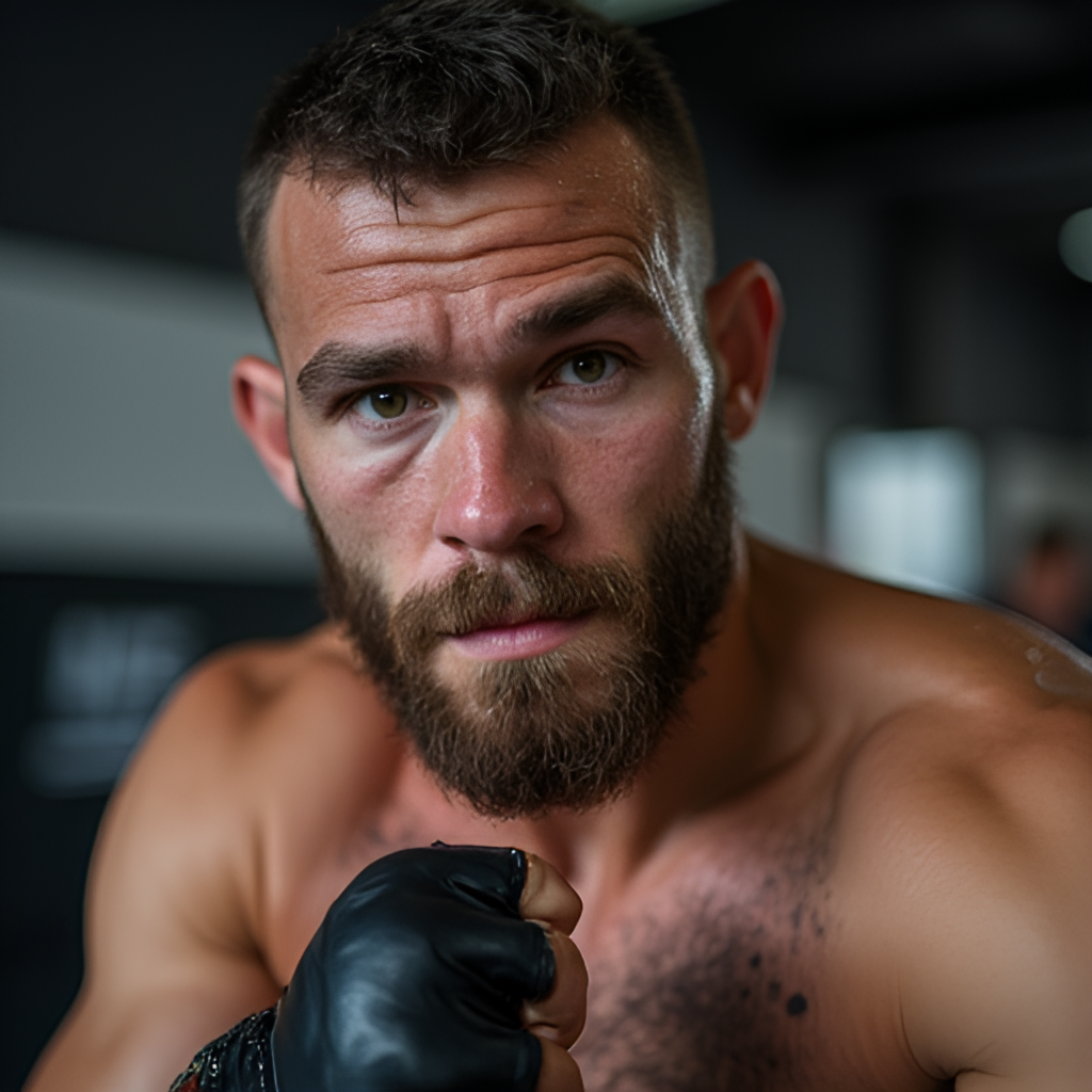 A close-up portrait of a male MMA fighter looking determined and focused, perhaps after a tough training session. Sweat glistens on his face, and his hands are wrapped. The background is a simple gym setting.