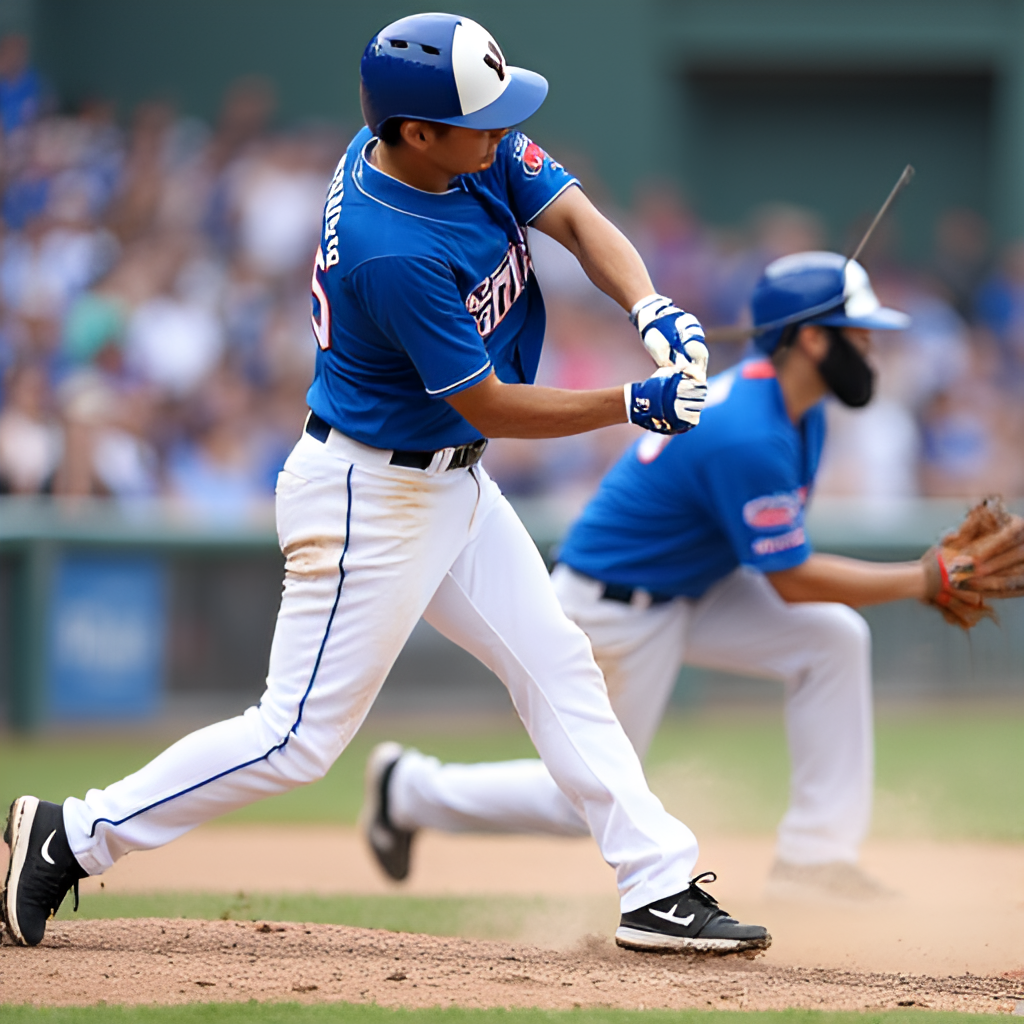 A dynamic action shot of a Samsung Lions player hitting a baseball or a pitcher throwing a ball, capturing the energy of a KBO game, with the blue team colors prominent.