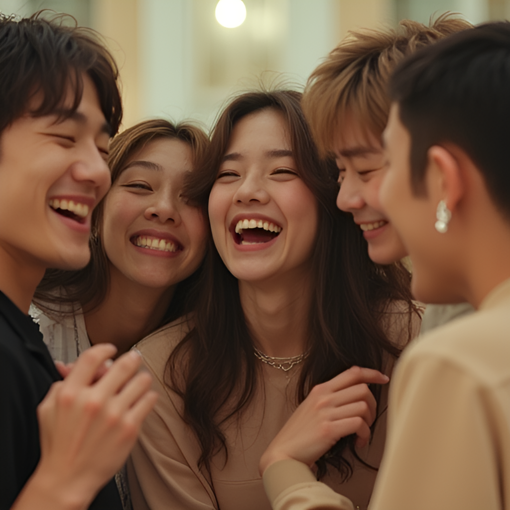 A candid, warm photo showing several SEVENTEEN members laughing and interacting casually behind-the-scenes or during a 'Going SEVENTEEN' shoot, highlighting their strong teamwork and human-like personality.