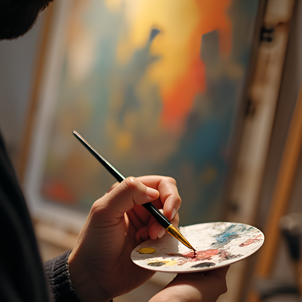 A close-up, artistic photograph of Song Min-ho's hands holding a paintbrush and palette, with one of his abstract paintings subtly blurred in the background. The focus is on the creative process and his identity as an artist, using warm, creative lighting.
