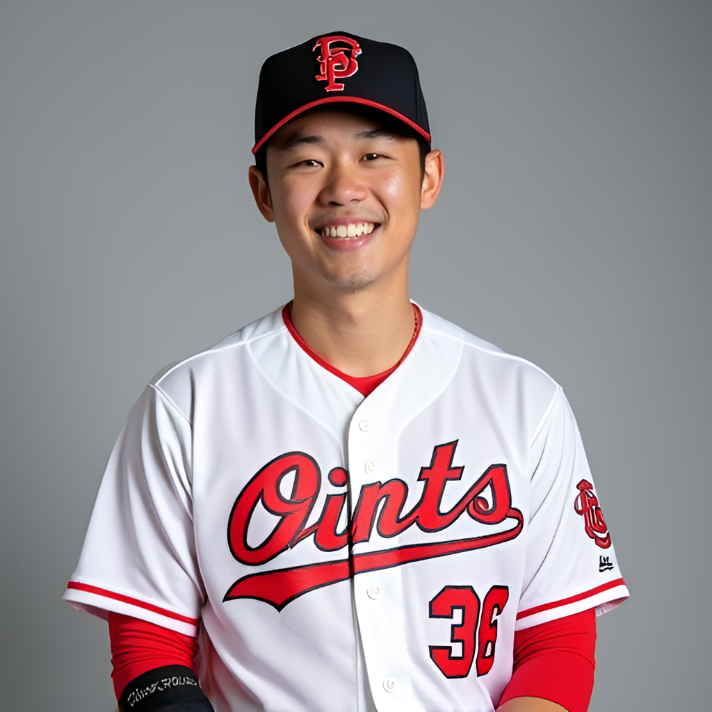 A portrait photo of Jeon Jun-woo in his Lotte Giants uniform, smiling and showing his team captain's armband. The image should convey leadership and approachability.