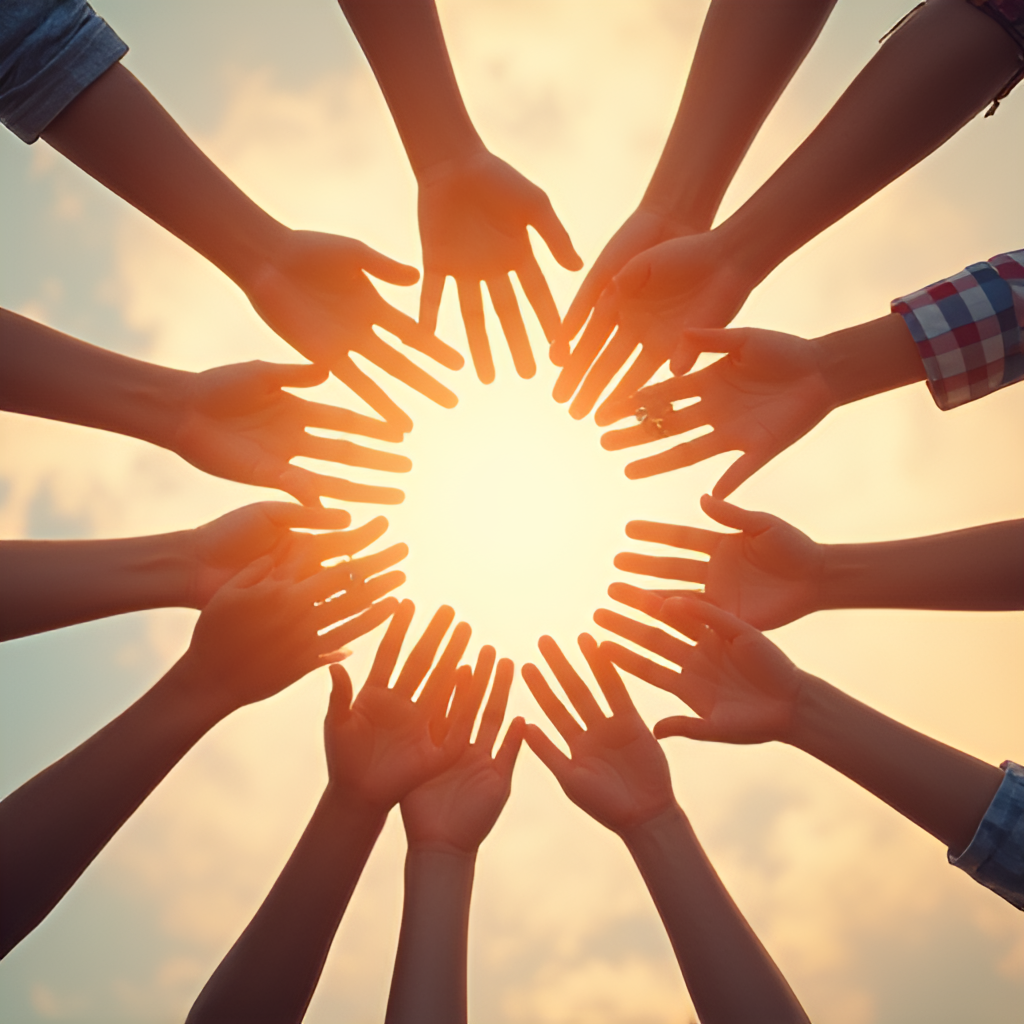 Image showing diverse hands reaching out to connect or help each other, symbolizing meaningful relationships and acts of kindness bringing joy, with a warm, inviting tone.