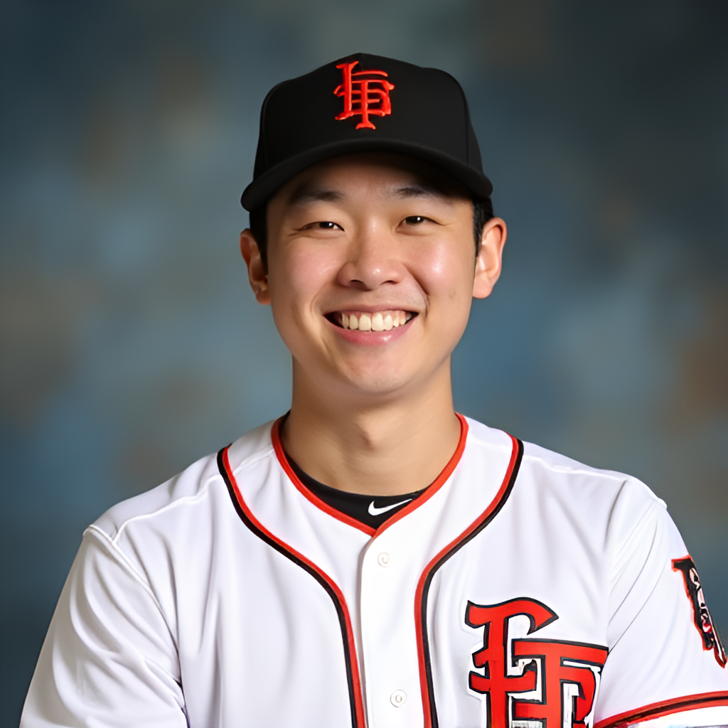 A portrait style photo of Yoon Dong-hee in his Lotte Giants uniform, smiling confidently. The background should be slightly blurred, focusing on the player.