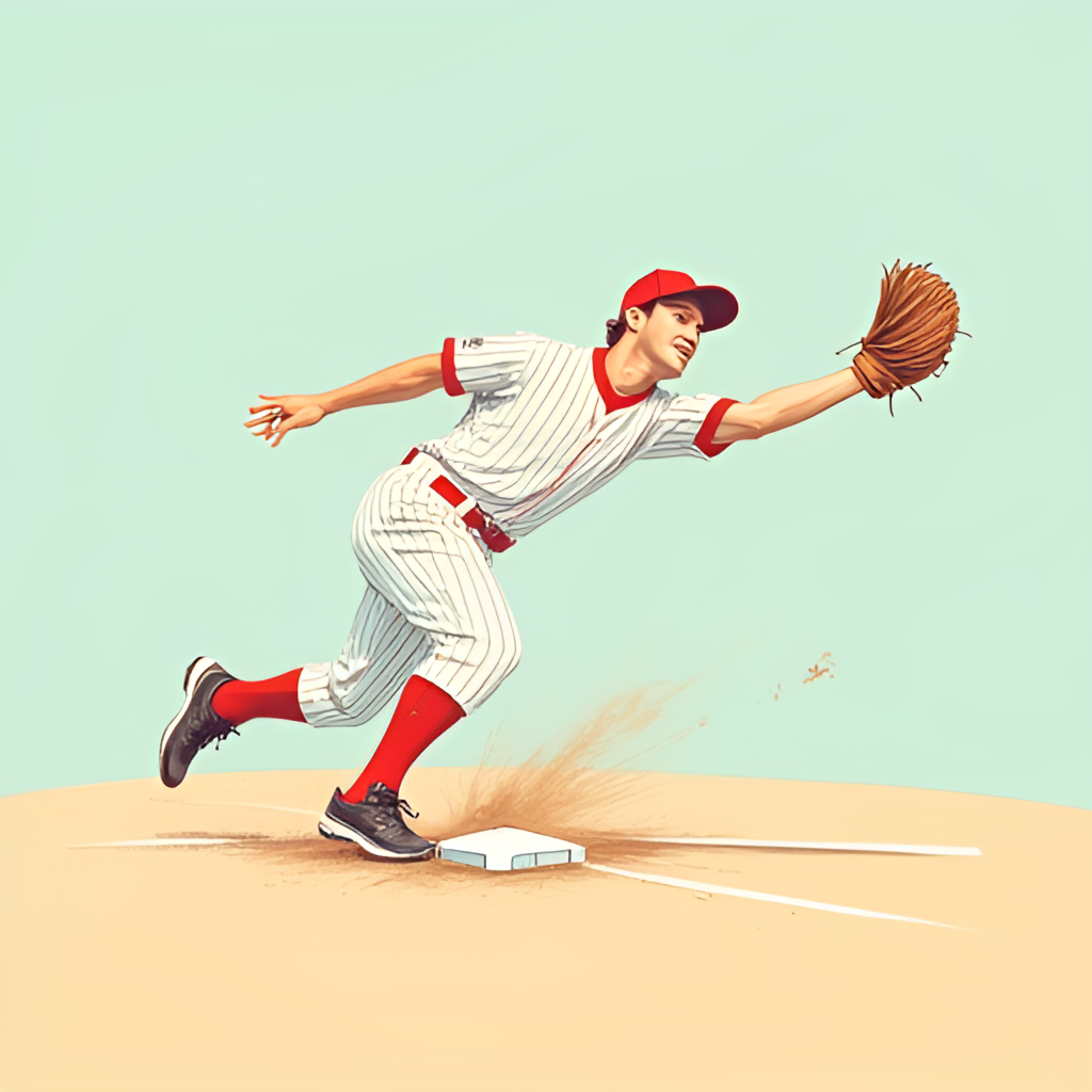 An illustration depicting a first baseman catching a difficult throw, symbolizing defensive effort in baseball.