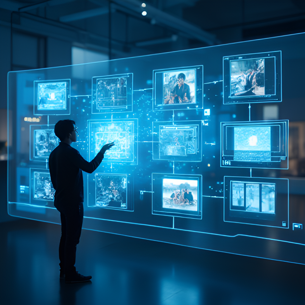 A futuristic scene showing a person interacting with holographic screens displaying various video content recommendations based on their viewing history, symbolizing the future of personalized replay services