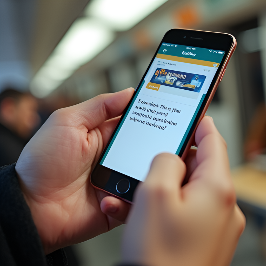A person's hands holding a smartphone, with the OK Cashbag app interface visible showing a quiz question. The background is slightly blurred, suggesting a casual setting like a cafe or subway. Bright, clean style.