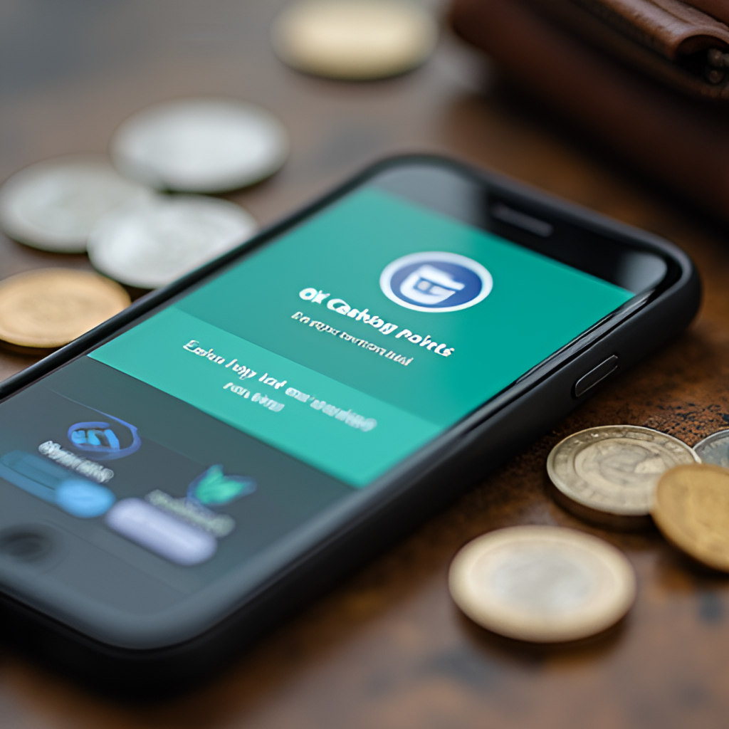 A close-up shot of OK Cashbag points accumulating on a smartphone screen, next to a small pile of coins or a wallet, symbolizing the connection between app activity and real-world value. Warm, encouraging tone.