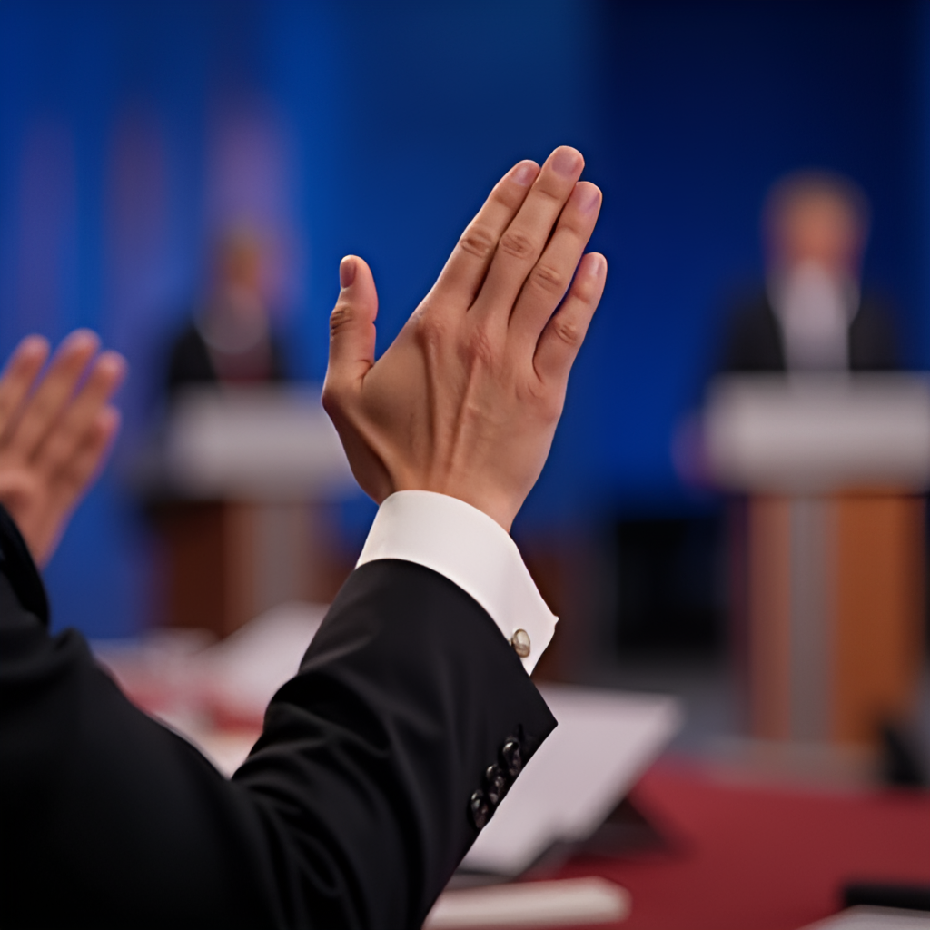 An image capturing a moment of a hand raised during a political debate, suggesting a point being made or a question being asked. The focus should be on the hand or gestures, conveying the human element and dynamic interaction of the debate rather than specific faces, in a television debate setting.