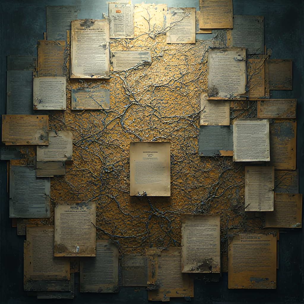 A visual metaphor depicting a complex web of connections and legal documents, subtly referencing political controversies and legal issues surrounding a prominent figure, with a mix of bright and dark elements.