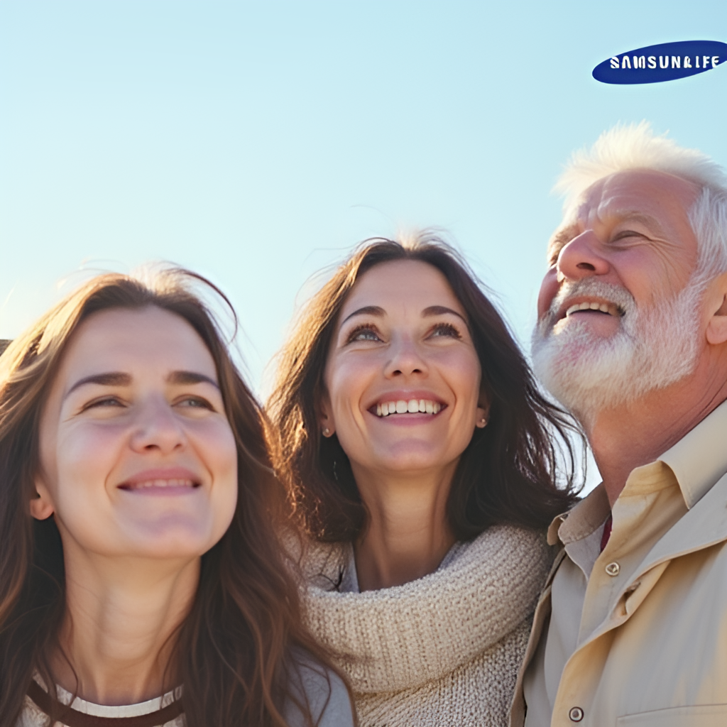 A group of diverse people representing different life stages (young adult, middle-aged couple, senior) looking confidently towards the future, symbolizing financial security provided by life insurance, with a subtle Samsung Life logo in the background.