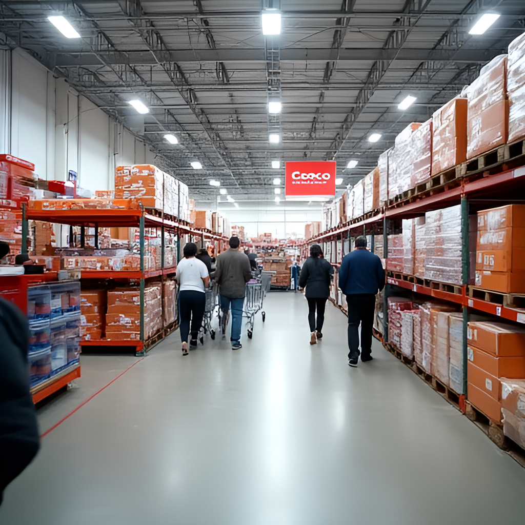 A wide shot capturing the interior of a bustling Costco store with high shelves stacked with products, people pushing shopping carts, and a bright, warehouse-like atmosphere.