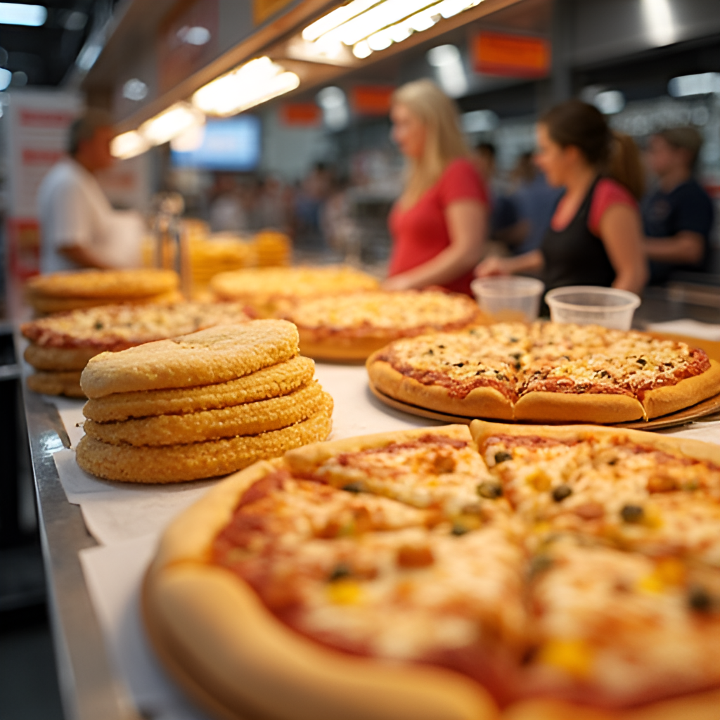 A close-up shot of various affordable and popular food items displayed at a busy Costco food court, such as hot dogs, pizza slices, and churros, with customers ordering in the background.