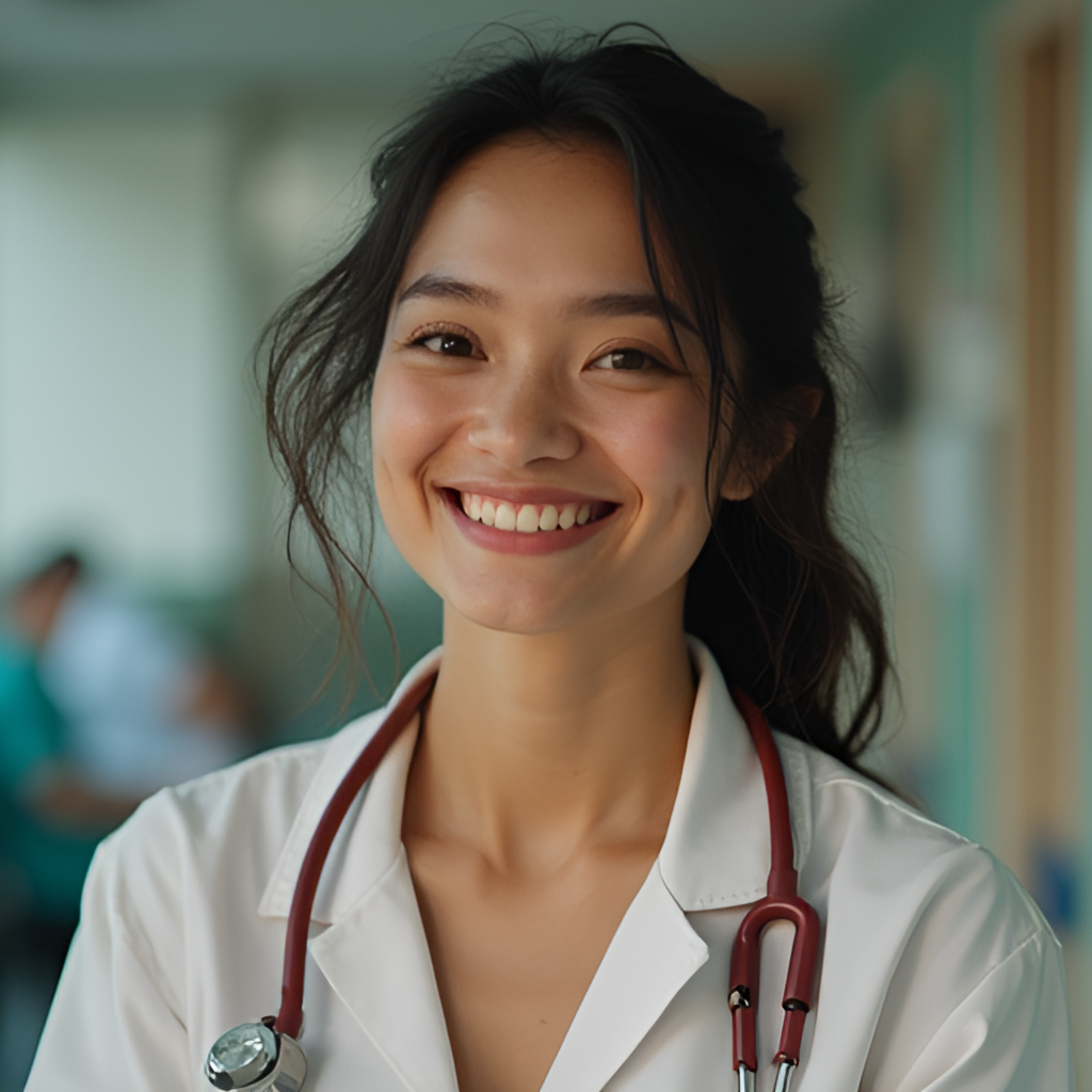A warm, candid photo-realistic portrait of actress Sinsia smiling naturally, perhaps in a casual setting or a hospital environment, reflecting her 'Hospital Playlist' spin-off role.