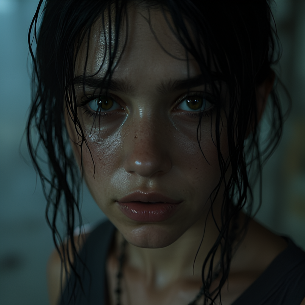 A close-up, dramatic portrait of the new protagonist, Grace Ashcroft, looking determined yet haunted, with rain or sweat on her face, in a style consistent with the game's visuals.