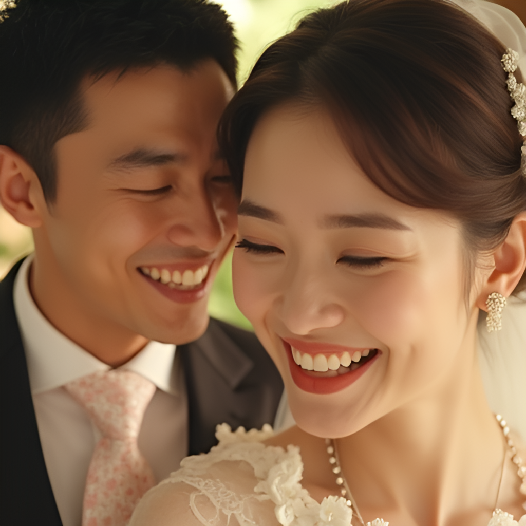 A warm, candid photo of Shim Hyun-seop and his wife, Jung Young-rim, smiling together, perhaps from their wedding day or a scene from 'Joseon's Lover'. Style: Realistic, heartwarming.