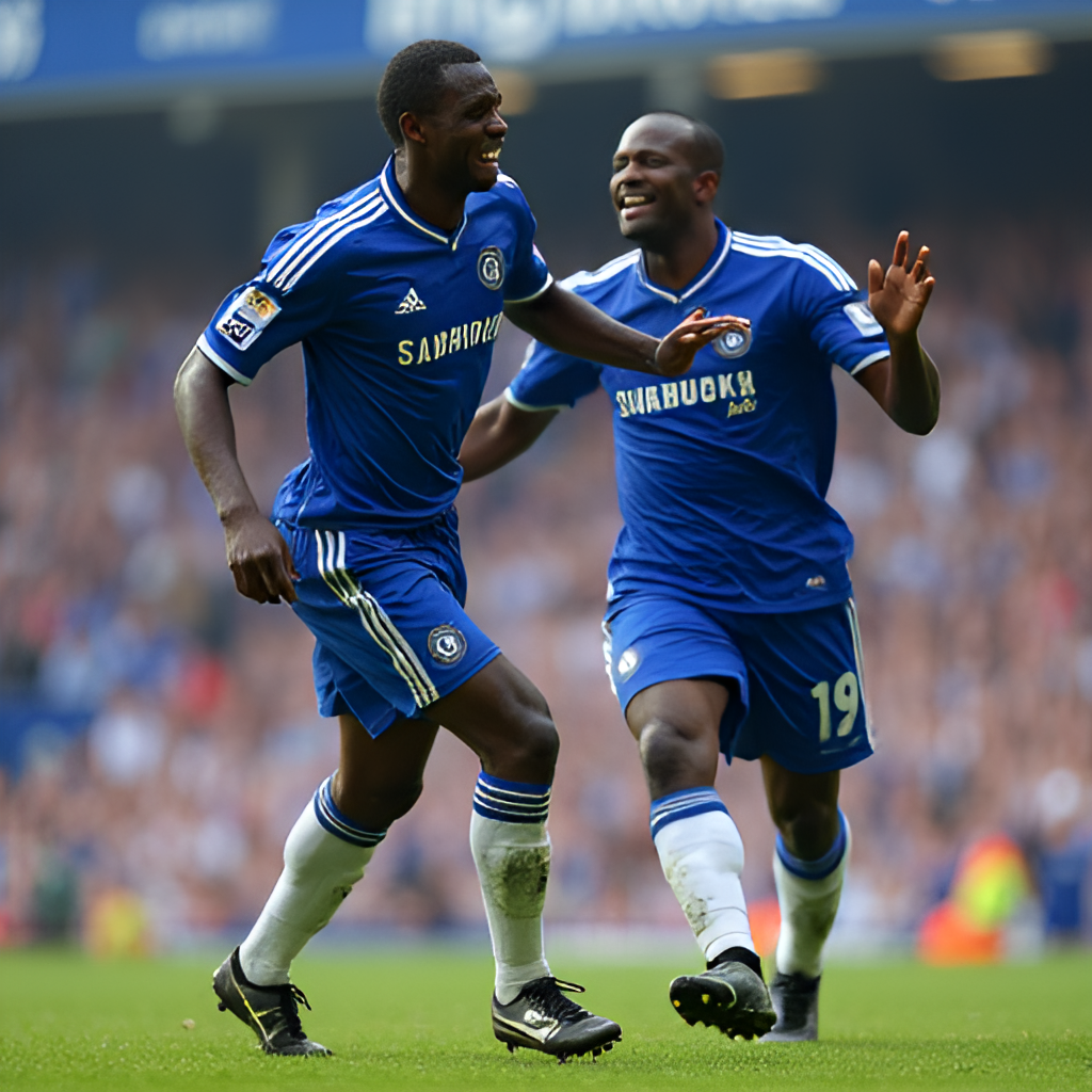 A photorealistic image capturing a iconic Chelsea FC player (e.g., Frank Lampard or Didier Drogba) celebrating a crucial goal in front of a cheering crowd at Stamford Bridge, focusing on the player's emotion and the vibrant atmosphere.