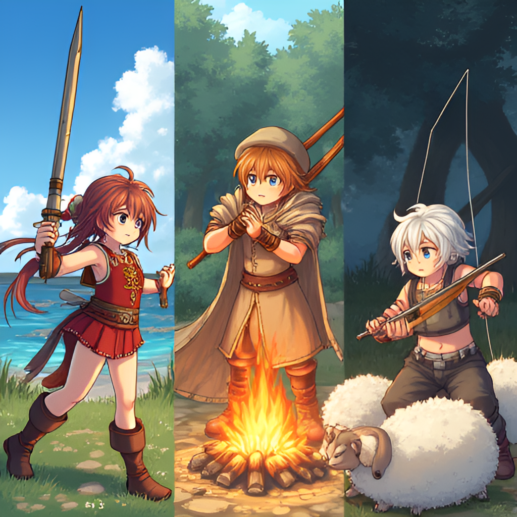A vibrant illustration depicting various Mabinogi activities side-by-side: a character training combat skills, another playing a musical instrument by a campfire, and a third character fishing or shearing sheep. Show a mix of combat and life skills to represent the 'Fantasy Life' concept.