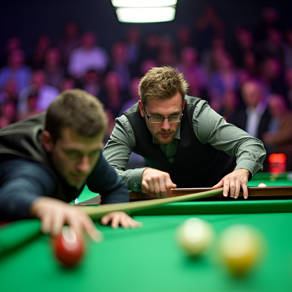 A dynamic shot of professional billiard players competing in a PBA tournament, showing focused players, billiard tables, and an engaged audience in the background. High-energy atmosphere.