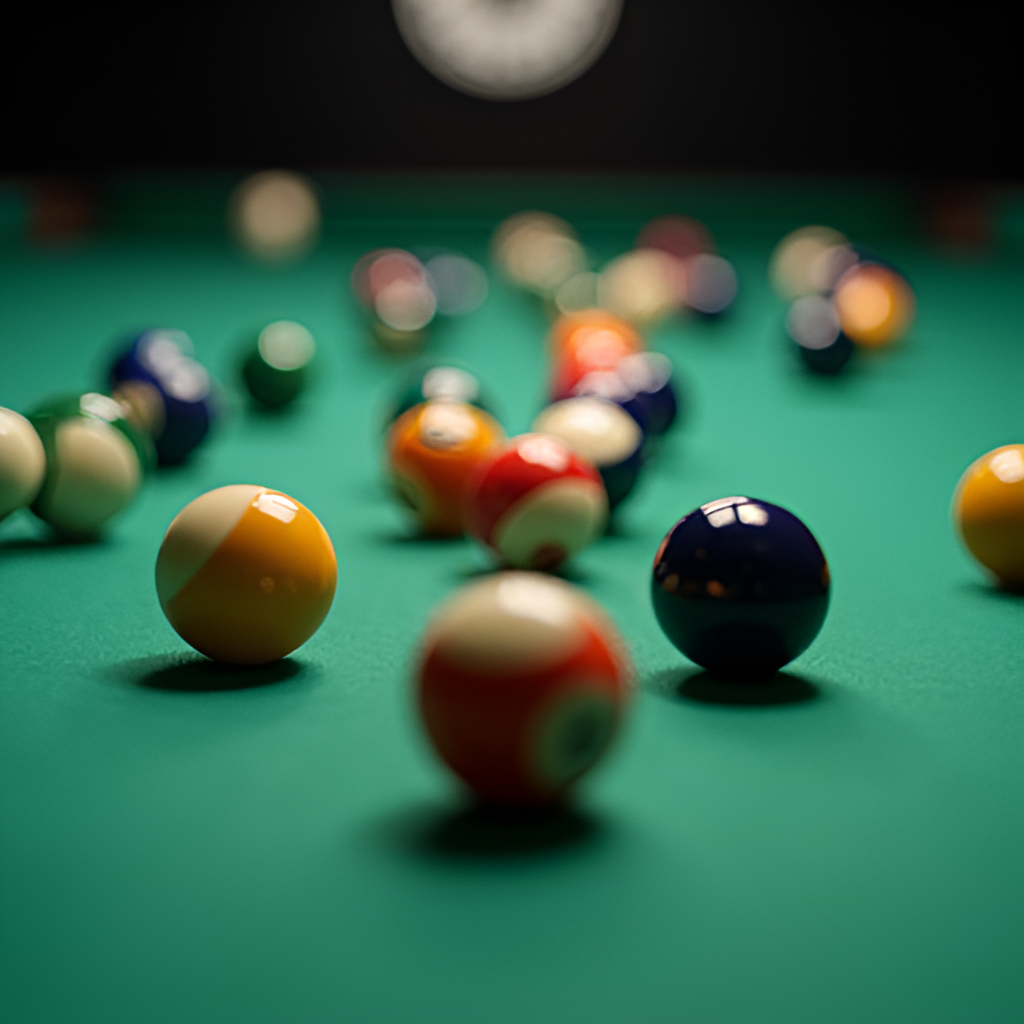 Close-up on billiard balls scattering after a break shot on a professional billiard table with a PBA logo visible. Shows motion and precision.
