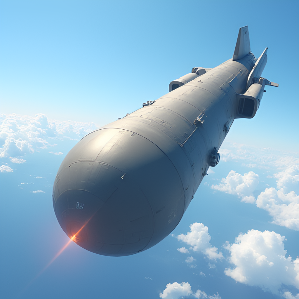 A high-angle view illustration of a large, sleek GBU-57 Massive Ordnance Penetrator bomb falling towards Earth, emphasizing its size against a blue sky or cloud background.