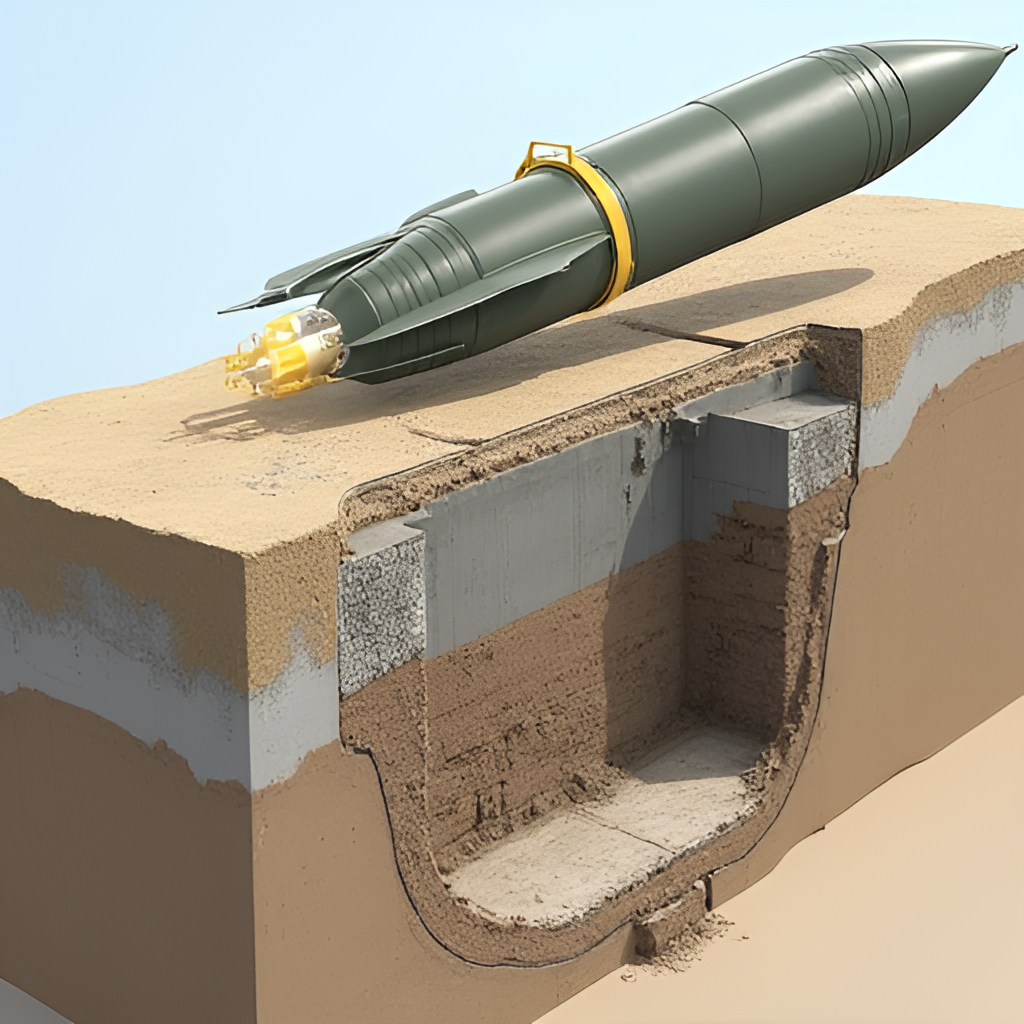 An illustration showing a cross-section of the ground with a GBU-57 bomb penetrating deep layers of soil and concrete towards a hidden underground bunker structure, illustrating its key capability.
