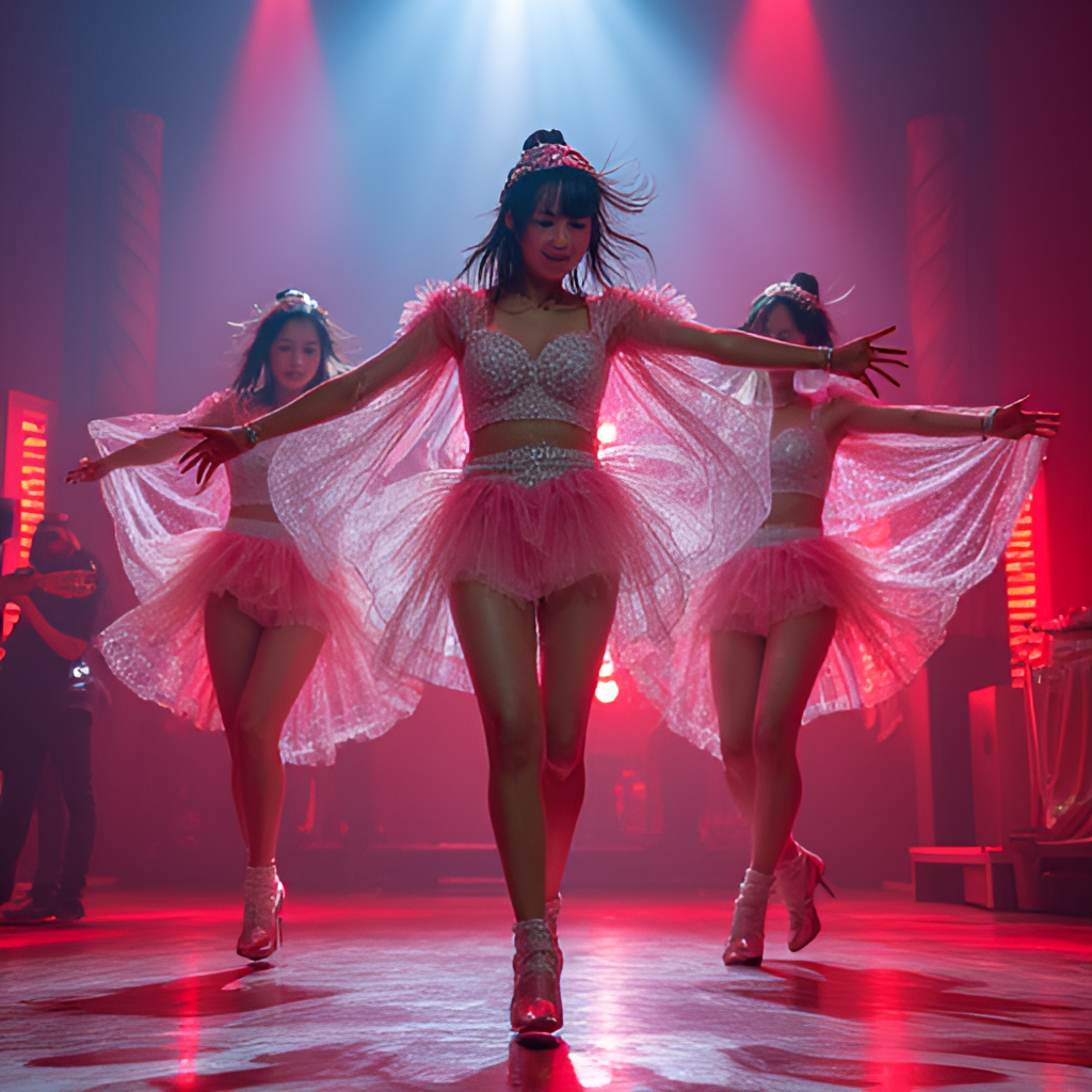 A vibrant image of the mixed-gender group Koyote performing on stage, with Kim Jong-min energetically dancing at the center alongside Shinji and Bbaekga, capturing their long-lasting teamwork and cheerful energy.